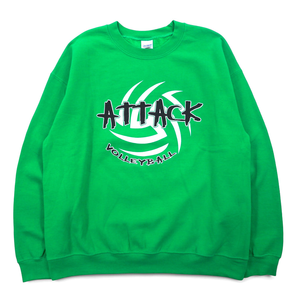 GILDAN クルーネック スウェット L グリーン プリント 裏起毛 ATTACK VOLLEYBALL ホンジュラス製