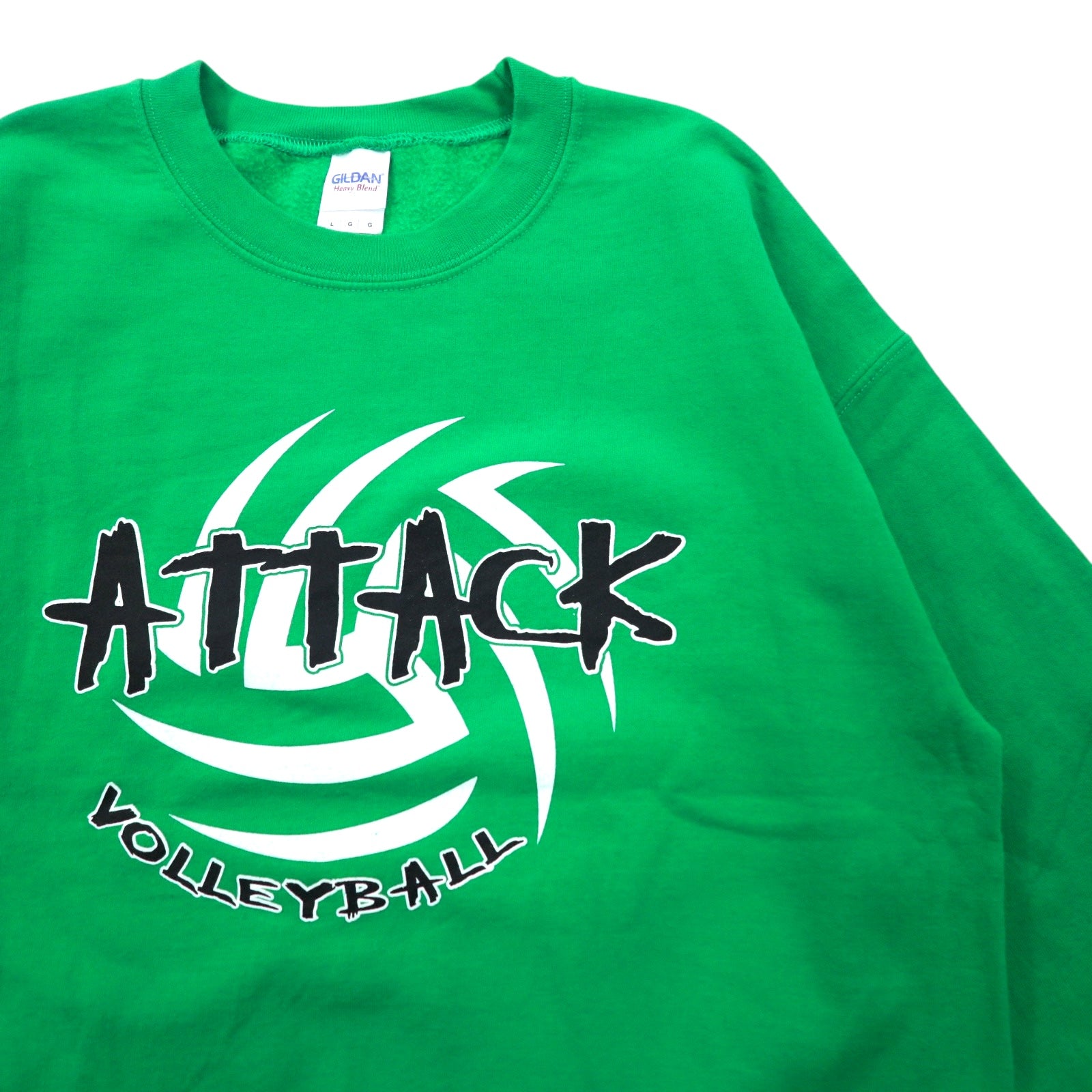 GILDAN クルーネック スウェット L グリーン プリント 裏起毛 ATTACK VOLLEYBALL ホンジュラス製