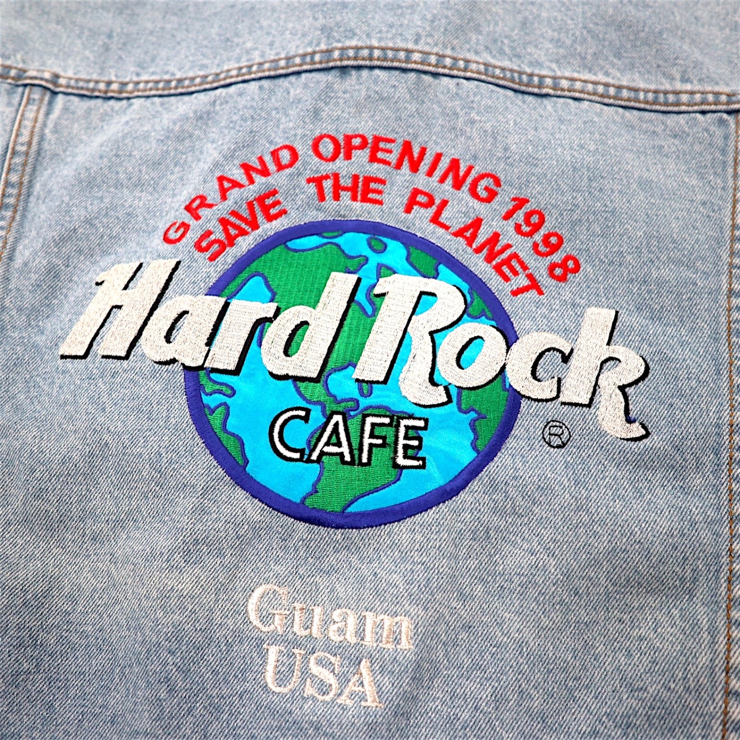 Hard Rock Cafe 90年代 デニムジャケット Gジャン L ブルー アイスウォッシュ コットン バックロゴ刺繍 GUAM USA