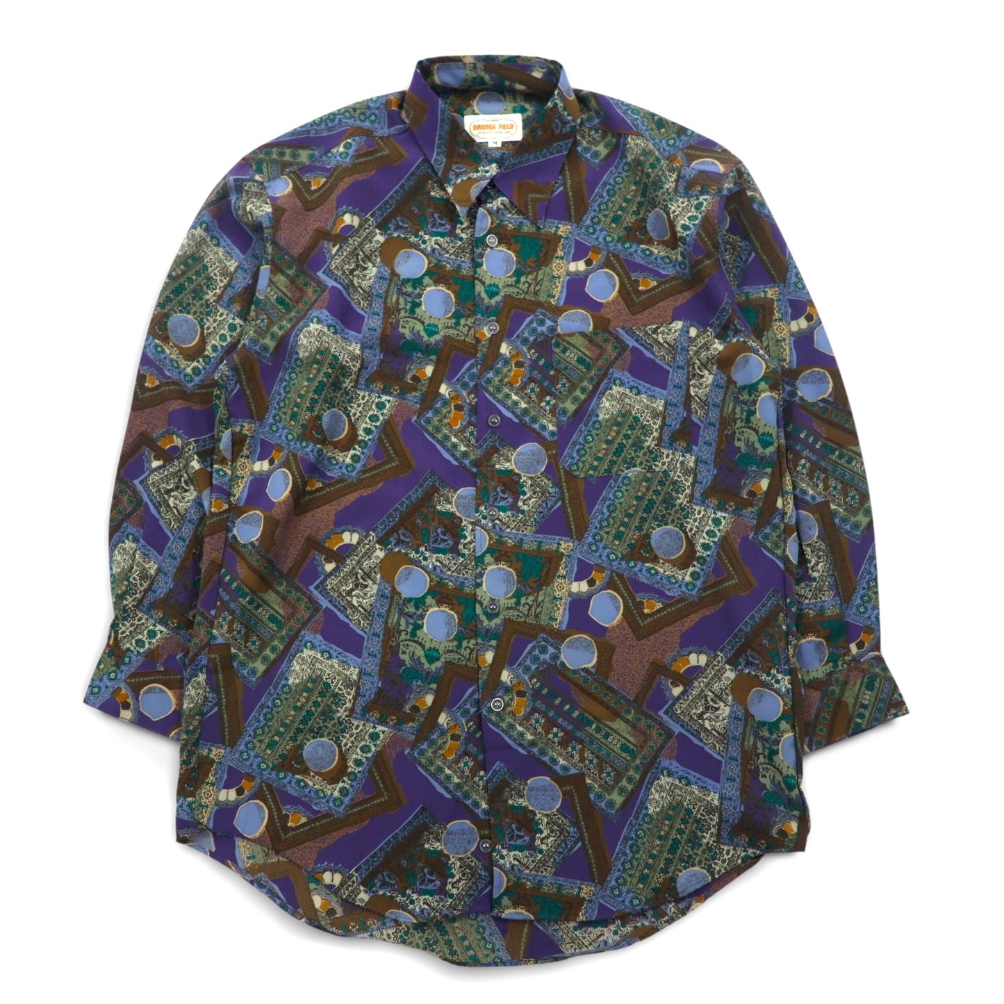 Vintage 90s Retro Geometric Pattern Shirt ORANGE FIELD All-over Print Poly Shirt M Purple Polyester