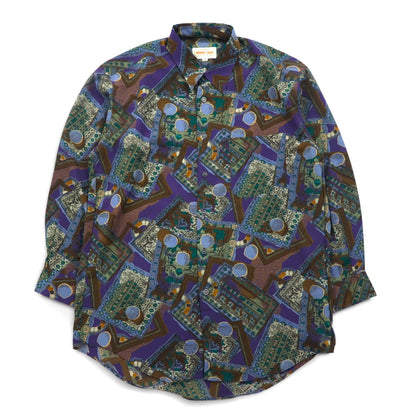 Vintage 90s Retro Geometric Pattern Shirt ORANGE FIELD All-over Print Poly Shirt M Purple Polyester