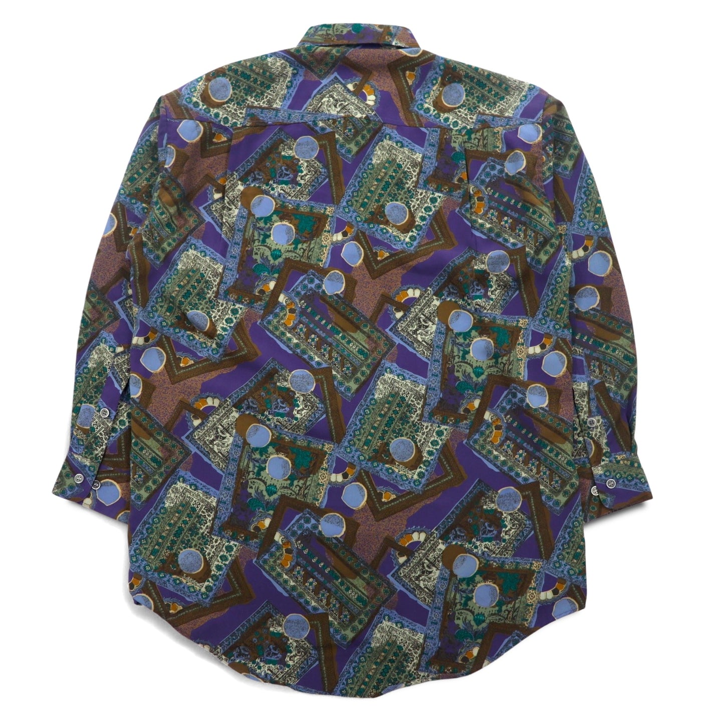 Vintage 90s Retro Geometric Pattern Shirt ORANGE FIELD All-over Print Poly Shirt M Purple Polyester