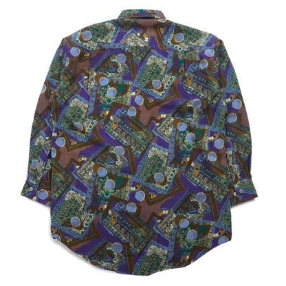 Vintage 90s Retro Geometric Pattern Shirt ORANGE FIELD All-over Print Poly Shirt M Purple Polyester