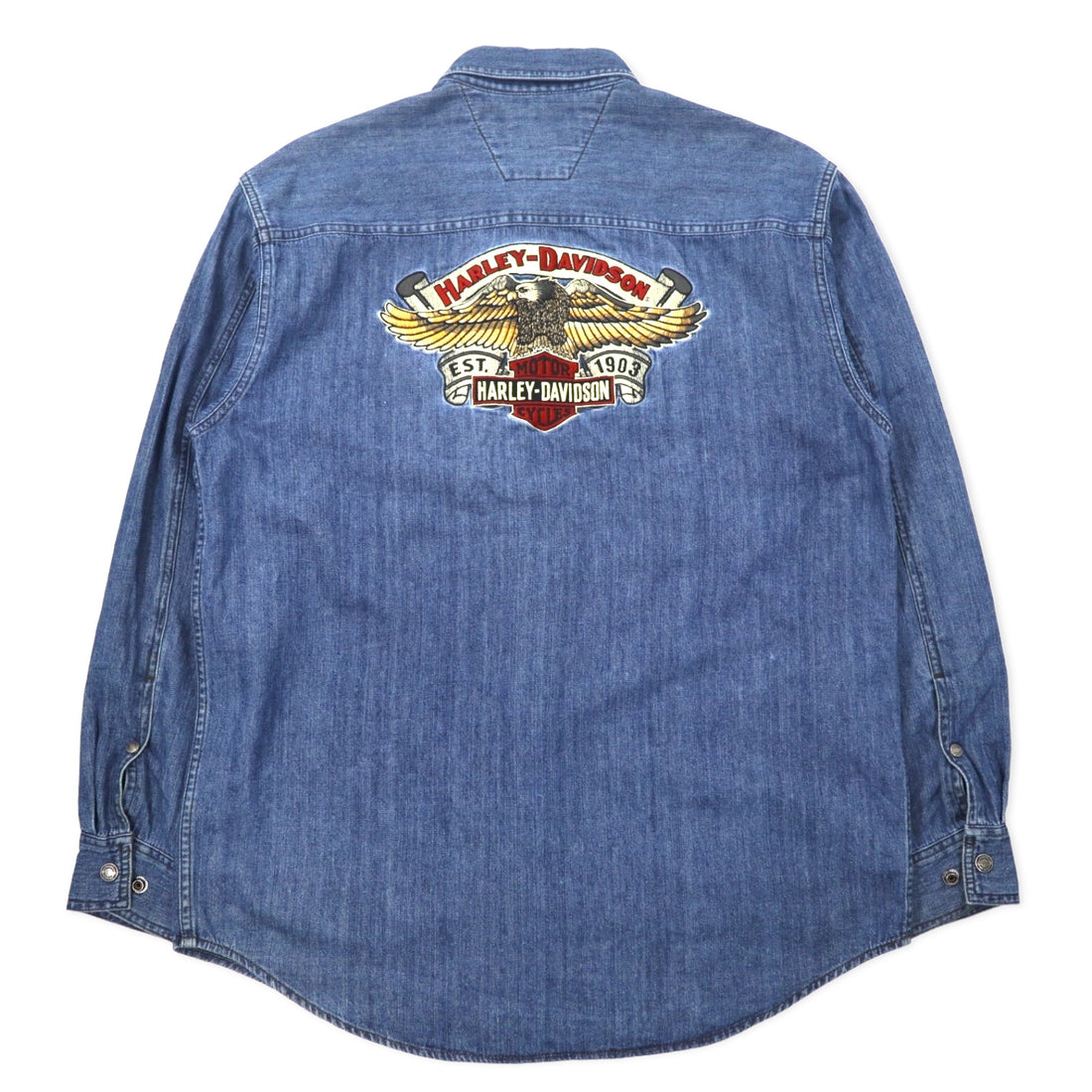 日本然リトテ-古着オンライン-HARLEY DAVIDSON バックロゴ刺繍 デニムシャツ XL ブルー コットン スナップボタン-HARLEY DAVIDSON Back Logo Embroidery Denim Shirt XL Blue Cotton Snap Button
