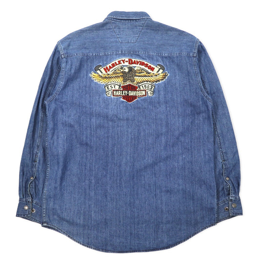 日本然リトテ-古着オンライン-HARLEY DAVIDSON バックロゴ刺繍 デニムシャツ XL ブルー コットン スナップボタン-HARLEY DAVIDSON Back Logo Embroidery Denim Shirt XL Blue Cotton Snap Button