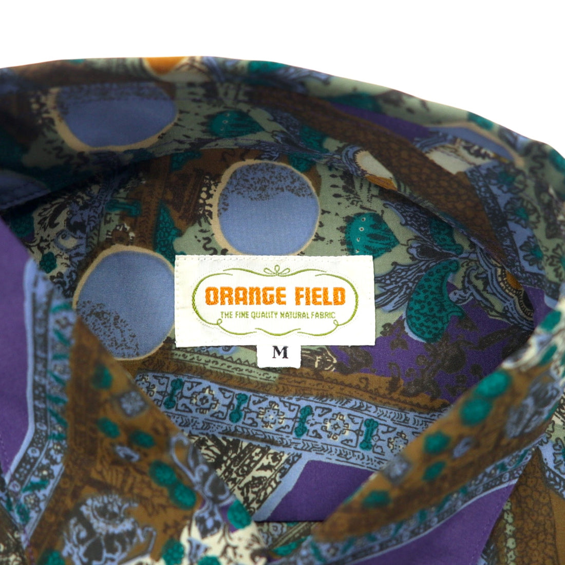 Vintage 90s Retro Geometric Pattern Shirt ORANGE FIELD All-over Print Poly Shirt M Purple Polyester