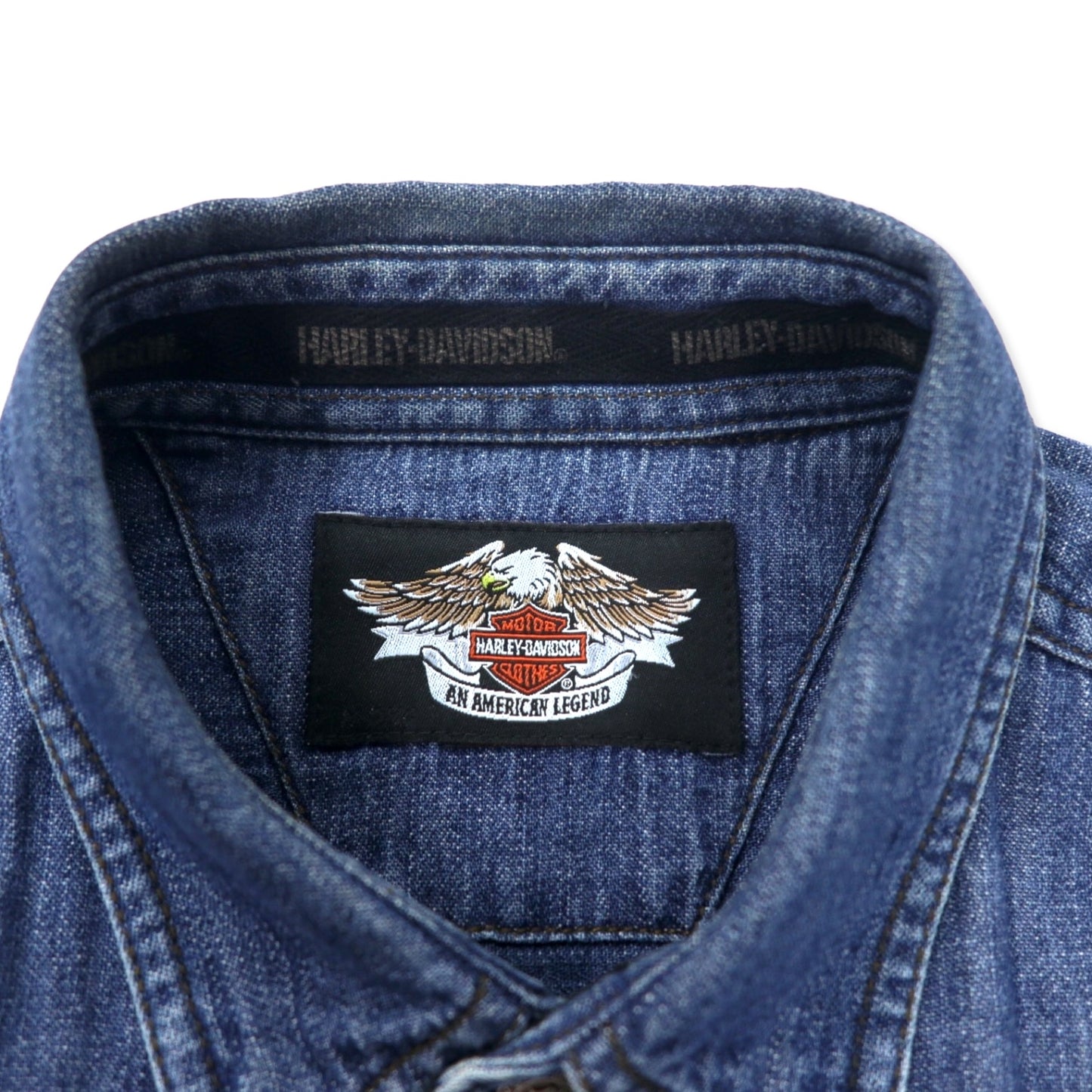 HARLEY DAVIDSON バックロゴ刺繍 デニムシャツ XL ブルー コットン スナップボタン