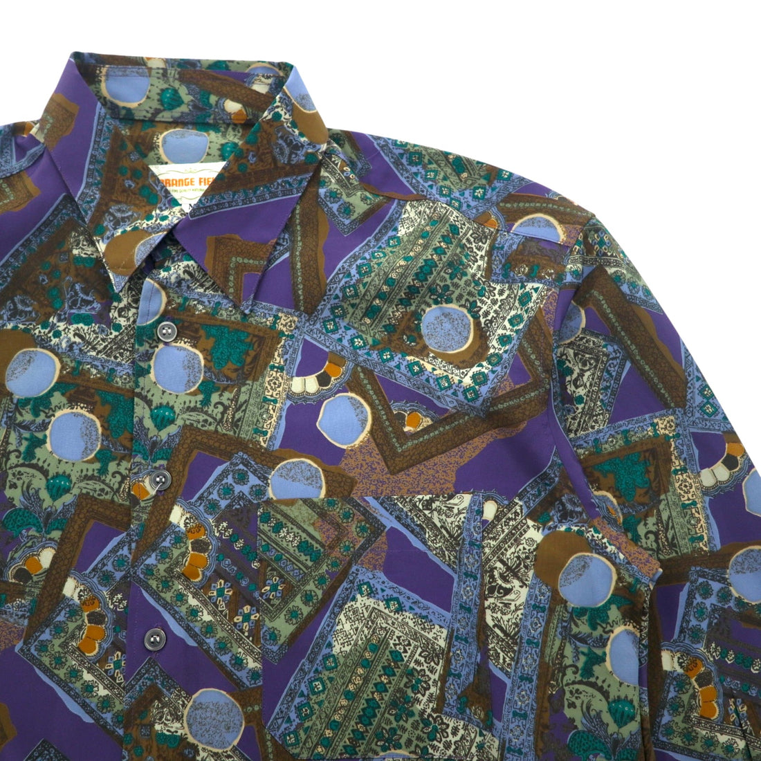 Vintage 90s Retro Geometric Pattern Shirt ORANGE FIELD All-over Print Poly Shirt M Purple Polyester