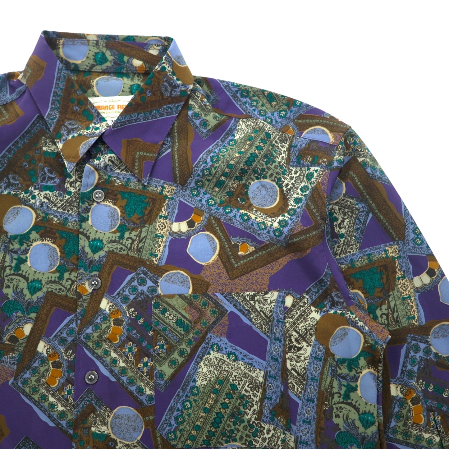 Vintage 90s Retro Geometric Pattern Shirt ORANGE FIELD All-over Print Poly Shirt M Purple Polyester