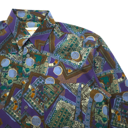 Vintage 90s Retro Geometric Pattern Shirt ORANGE FIELD All-over Print Poly Shirt M Purple Polyester