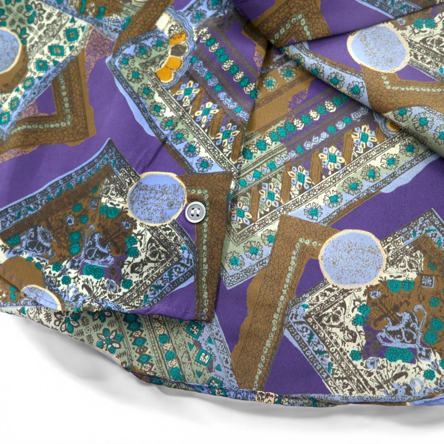 Vintage 90s Retro Geometric Pattern Shirt ORANGE FIELD All-over Print Poly Shirt M Purple Polyester