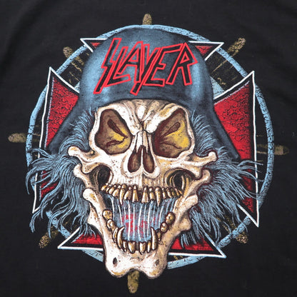 SLAYER Band T-Shirt L Black Cotton Double-sided Print Skull FRUIT OF THE LOOM Made in Morocco