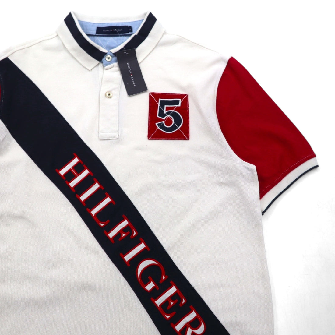 TOMMY HILFIGER Polo Shirt, Size L, White Cotton, Pique, Numbering, Logo Embroidery, Unused