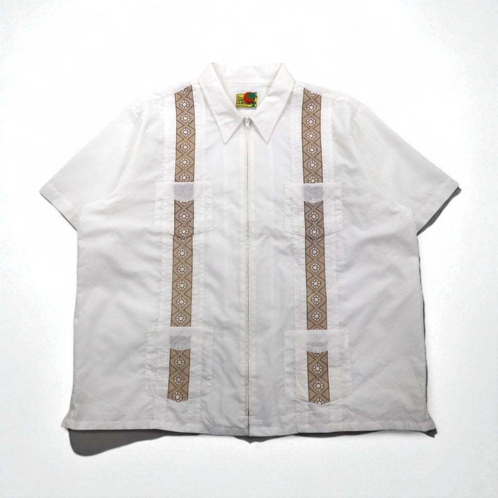 GUAYABERA 90s Full-Zip Cuban Shirt, Short Sleeve, Box Shirt, XL, White, Embroidered