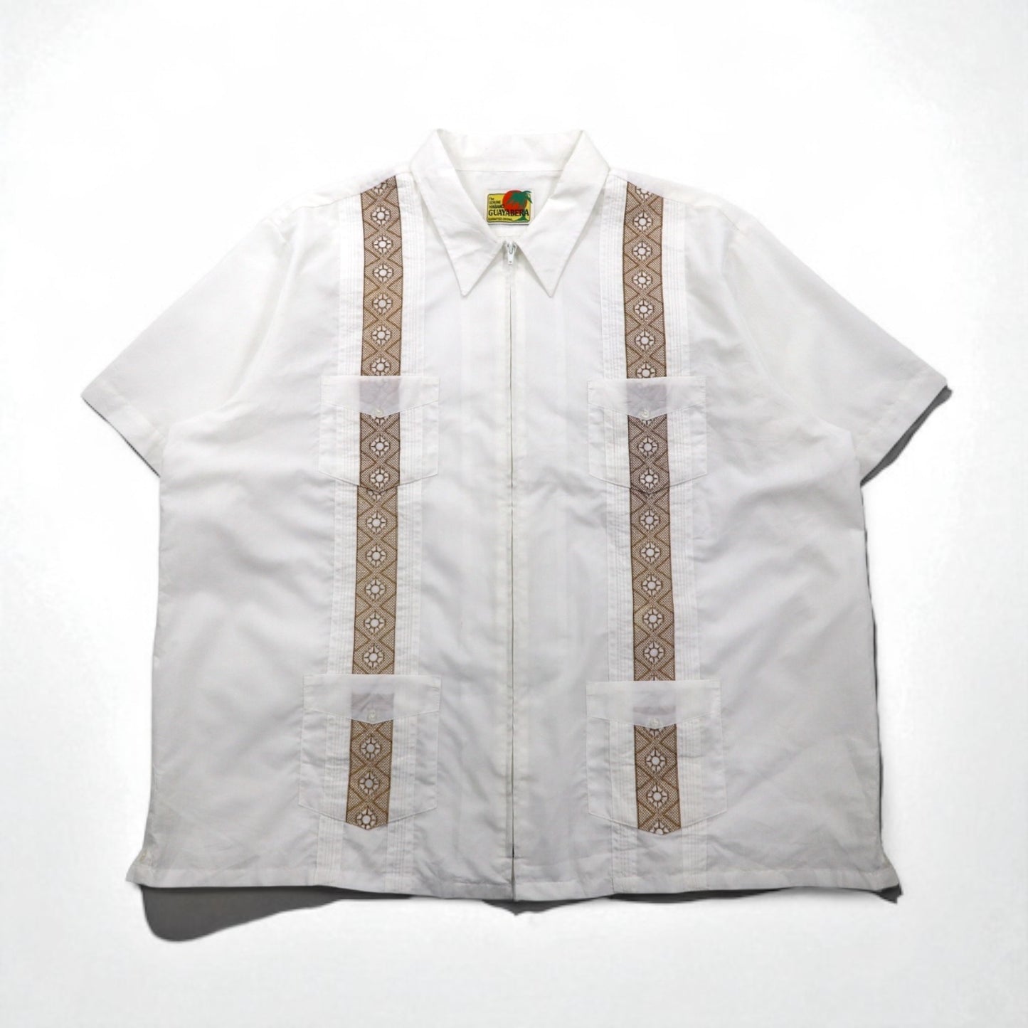 GUAYABERA 90s Full-Zip Cuban Shirt, Short Sleeve, Box Shirt, XL, White, Embroidered