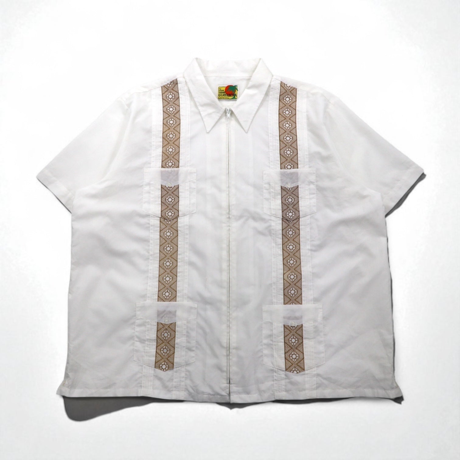 GUAYABERA 90s Full-Zip Cuban Shirt, Short Sleeve, Box Shirt, XL, White, Embroidered