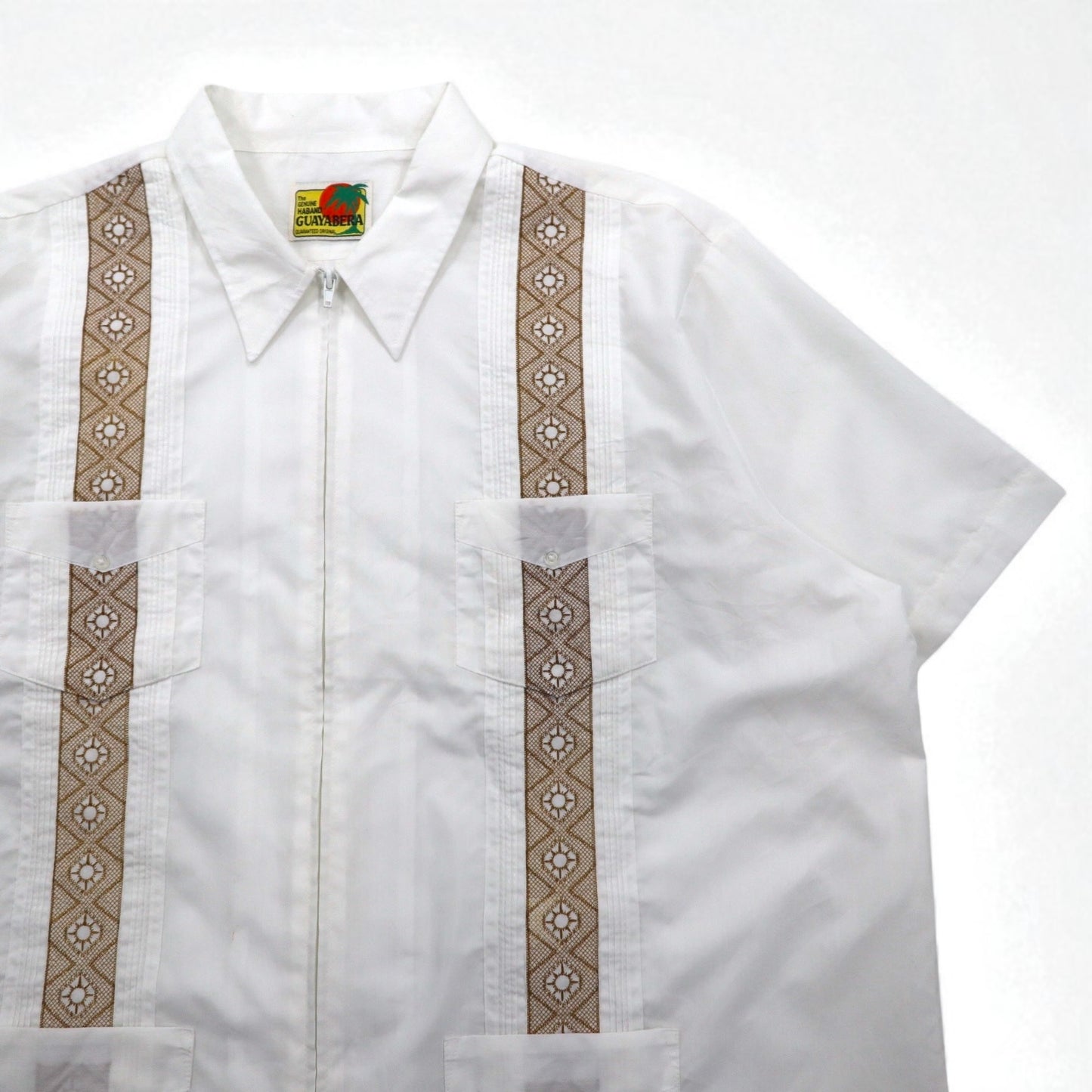GUAYABERA 90s Full-Zip Cuban Shirt, Short Sleeve, Box Shirt, XL, White, Embroidered