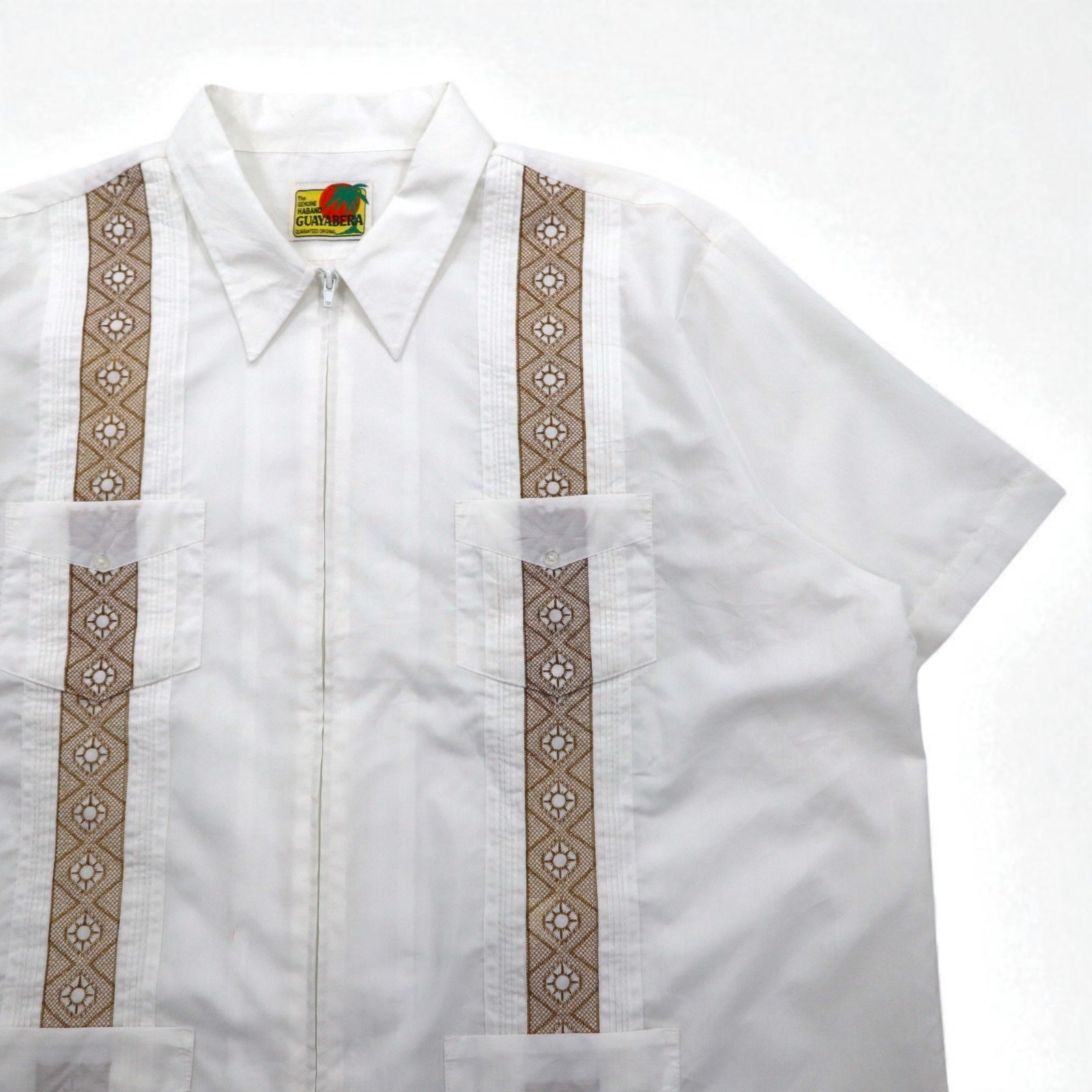 GUAYABERA 90s Full-Zip Cuban Shirt, Short Sleeve, Box Shirt, XL, White, Embroidered