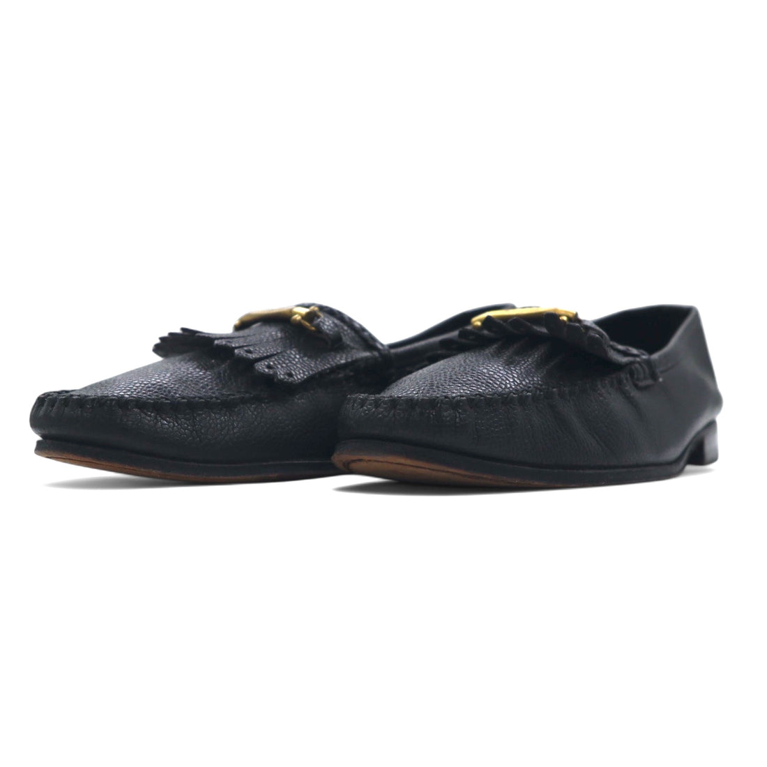 Salvatore Ferragamo Italian Gold Bit Fringe Loafers 25.5cm Black Leather 9097