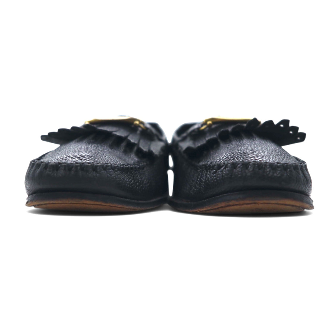 Salvatore Ferragamo Italian Gold Bit Fringe Loafers 25.5cm Black Leather 9097