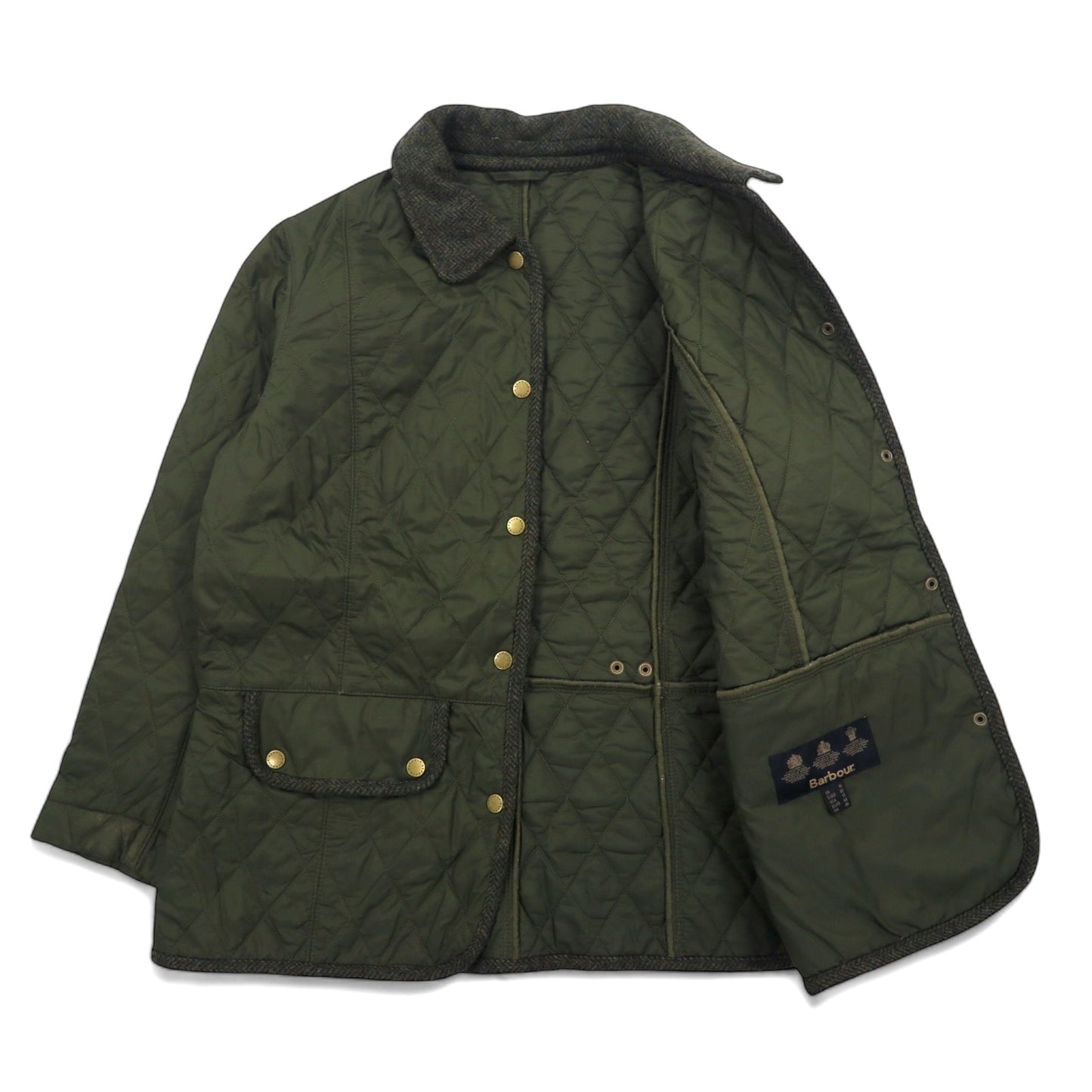 Barbour キルティングジャケット XL カーキ ナイロン ツイード切替 VINTAGE TWEED QUILT JACKET LQU02620L71