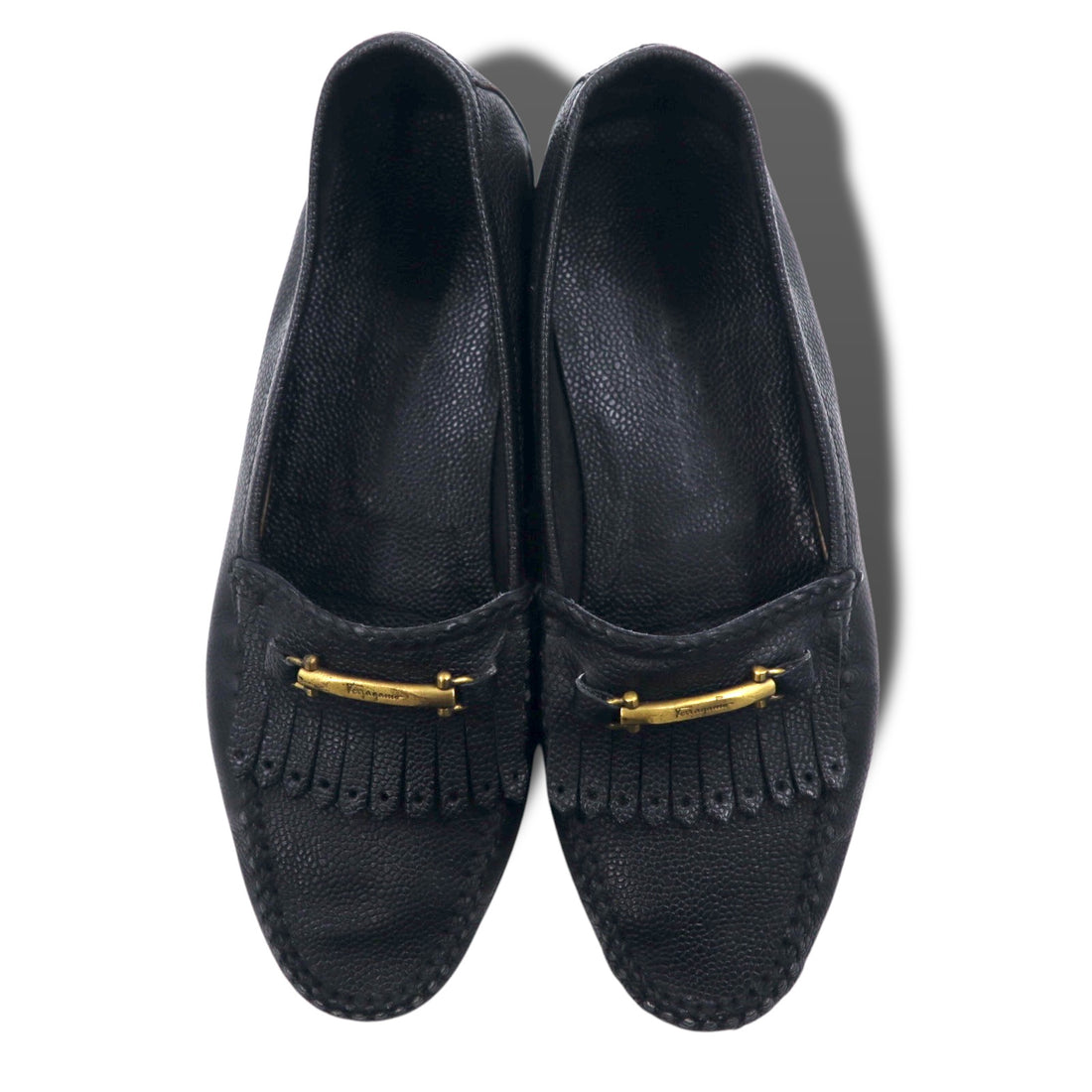 Salvatore Ferragamo Italian Gold Bit Fringe Loafers 25.5cm Black Leather 9097