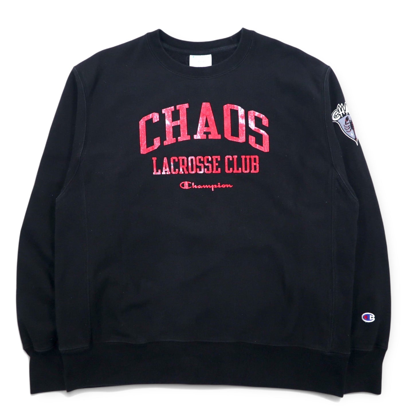 Champion リバースウィーブ REVERSE WEAVE プリントスウェット L ブラック コットン 裏起毛 青単タグ 復刻 CHAOS LACROSSE CLUB エルサルバドル製