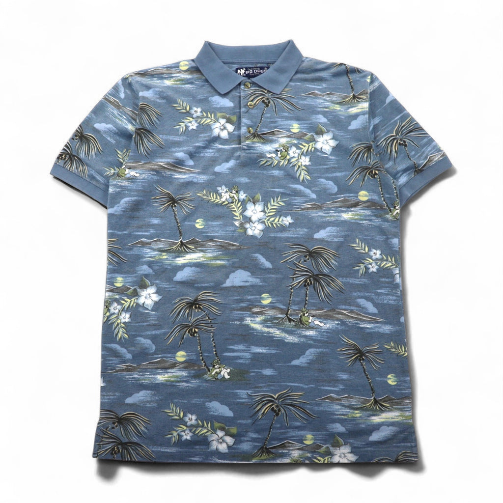 BIG DOGS 90s Hawaiian Polo Shirt, Size M, Blue, All-Over Print, Cotton and Polyester