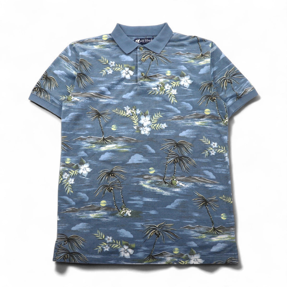 BIG DOGS 90s Hawaiian Polo Shirt, Size M, Blue, All-Over Print, Cotton and Polyester