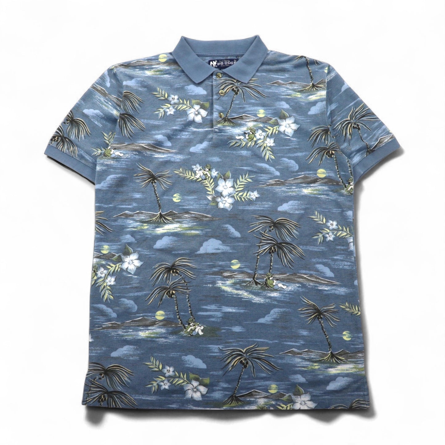 BIG DOGS 90s Hawaiian Polo Shirt, Size M, Blue, All-Over Print, Cotton and Polyester