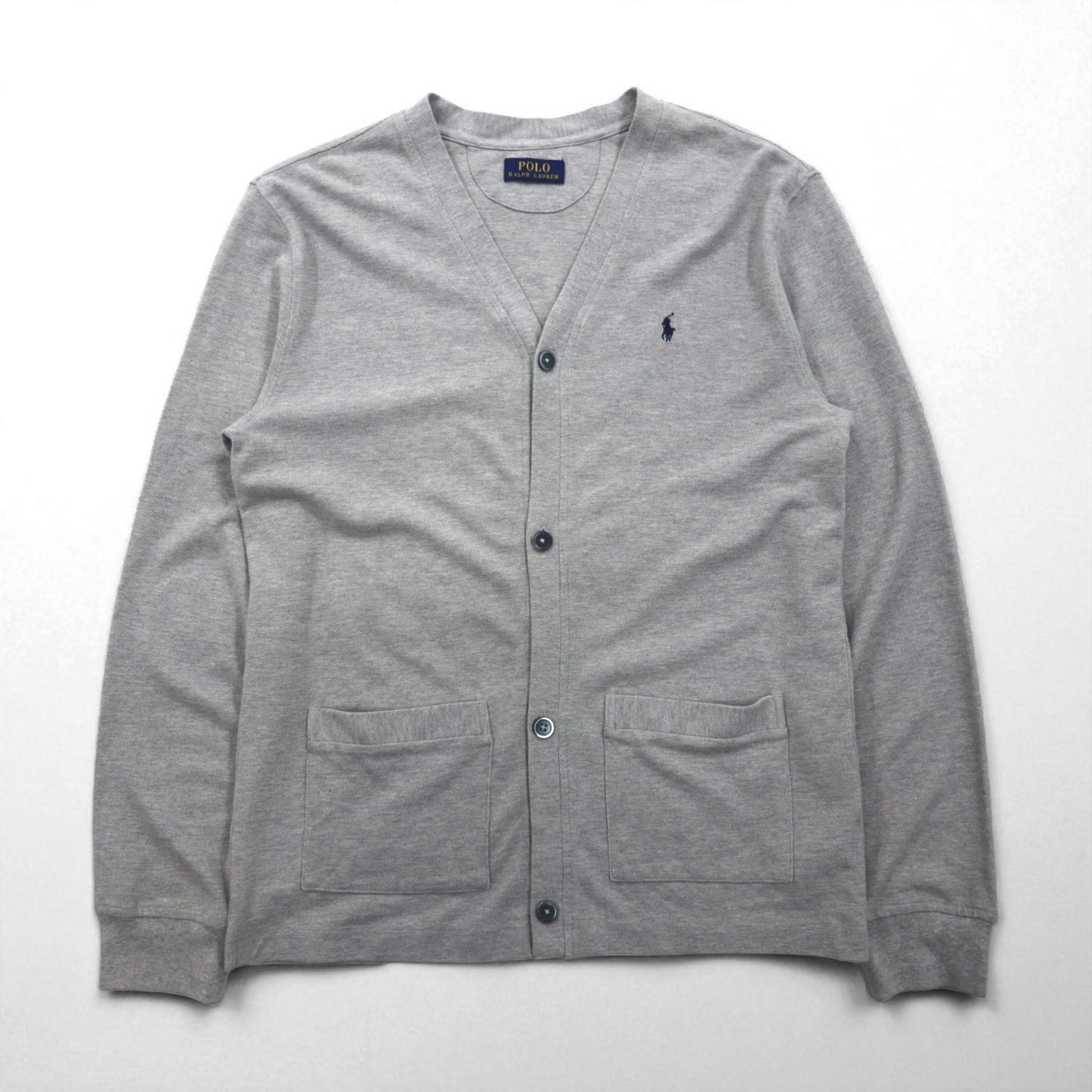 Polo Ralph Lauren Pique Knit Cardigan, Size M, Gray, V-Neck, Small Pony Embroidery, Handwarmer Pockets