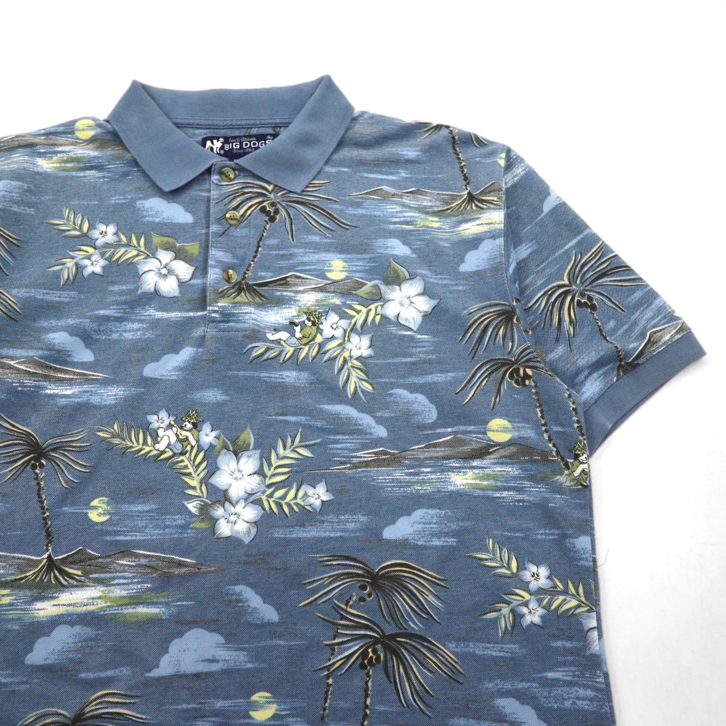 BIG DOGS 90s Hawaiian Polo Shirt, Size M, Blue, All-Over Print, Cotton and Polyester