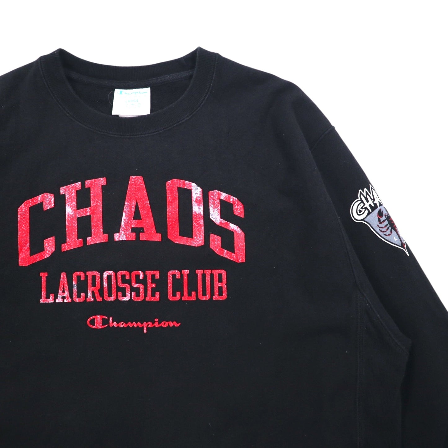 Champion リバースウィーブ REVERSE WEAVE プリントスウェット L ブラック コットン 裏起毛 青単タグ 復刻 CHAOS LACROSSE CLUB エルサルバドル製