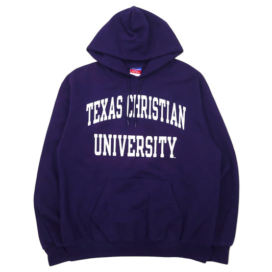 Champion 00年代 カレッジ プリント プルオーバーパーカー L ネイビー コットン 裏起毛 TEXAS CHRISTIAN UNIVERSITY アーチロゴ 2段プリント ホンジュラス製