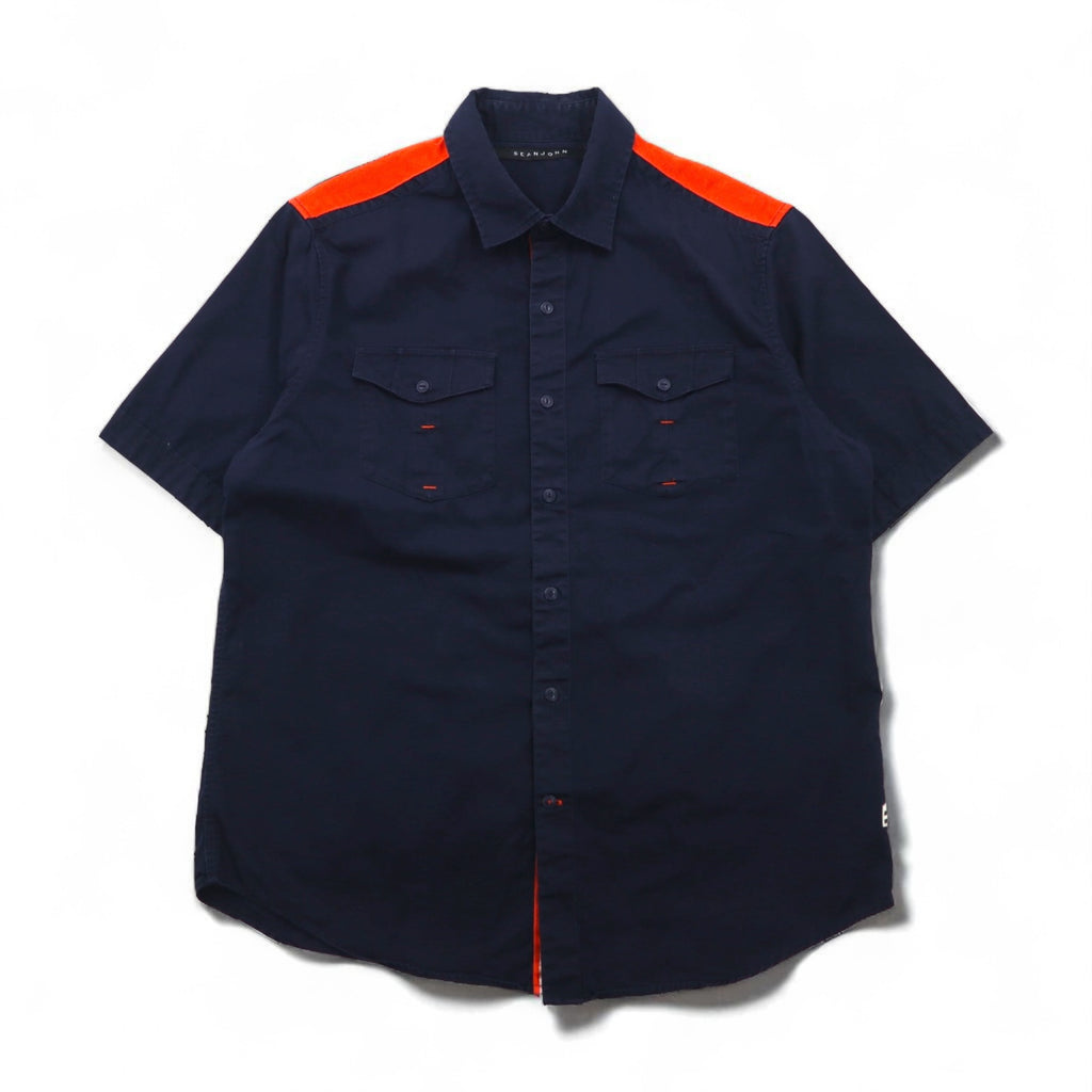 SEAN JOHN 2000s Reflective Design Short Sleeve Field Shirt, Size L, Navy, Cotton