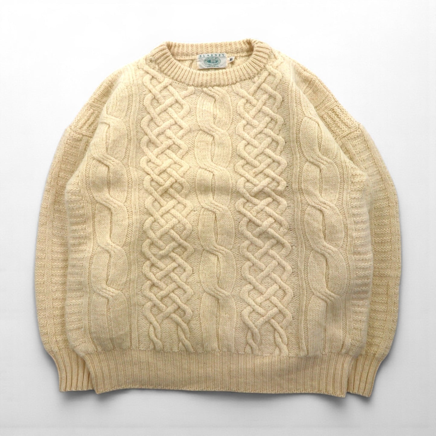 90s Irish Vintage Fisherman Knit Sweater, Made in Ireland, XL, Off-White, Wool Cable Knit, BLARNEY WOOLEN MILLS