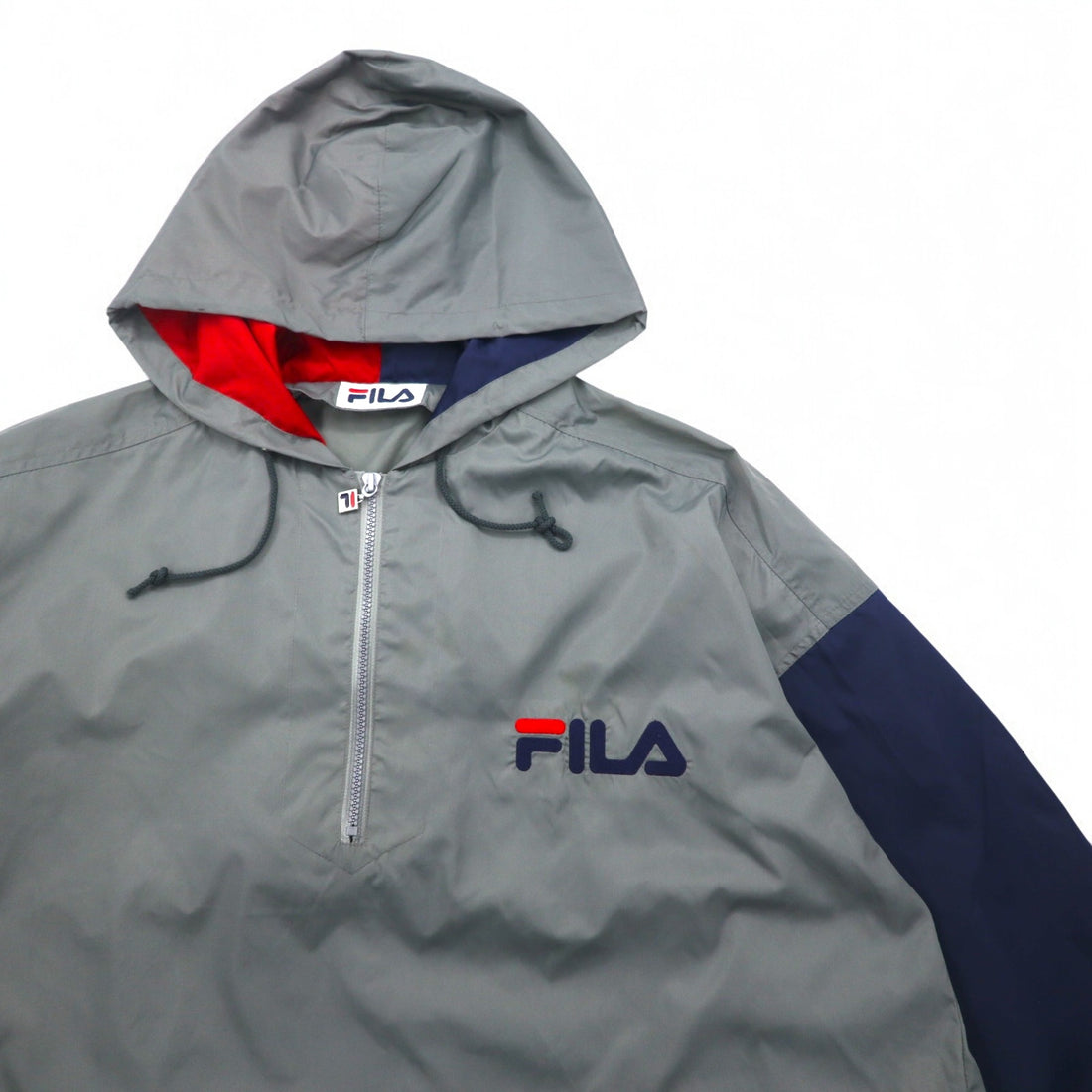 FILA 90s Long Anorak Parka SM Grey Nylon Water Repellent Half Zip Big Size