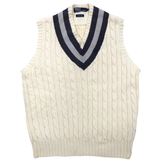 Polo by Ralph Lauren 90年代 チルデンニット Vネック ベスト L ホワイト コットン HAND KNIT フィッシャーマン