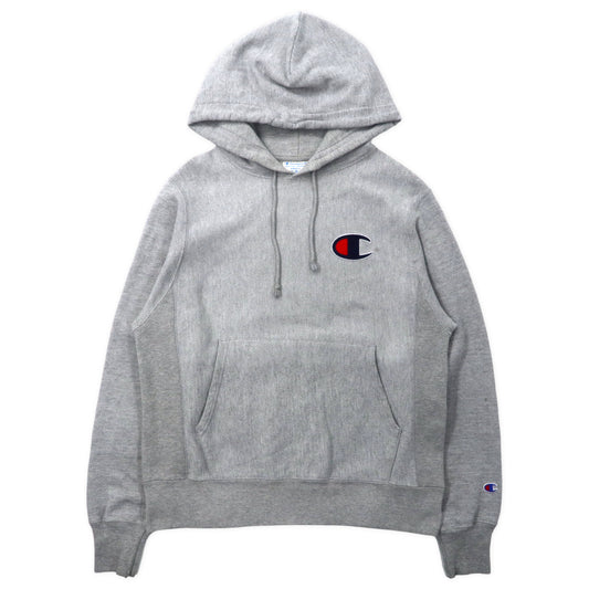 Champion リバースウィーブ パーカー L グレー コットン 裏起毛 スクリプトロゴ REVERSE WEAVE 青 単色タグ