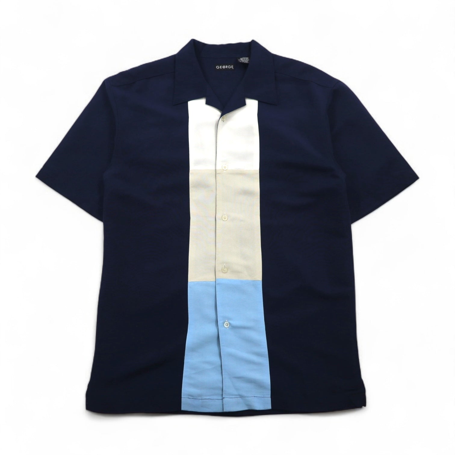 GEORGE Short Sleeve Open Collar Box Shirt, Size L, Navy, Rayon and Polyester