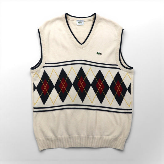 LACOSTE チルデン ニット ベスト L ホワイト コットン Vネック アーガイル柄