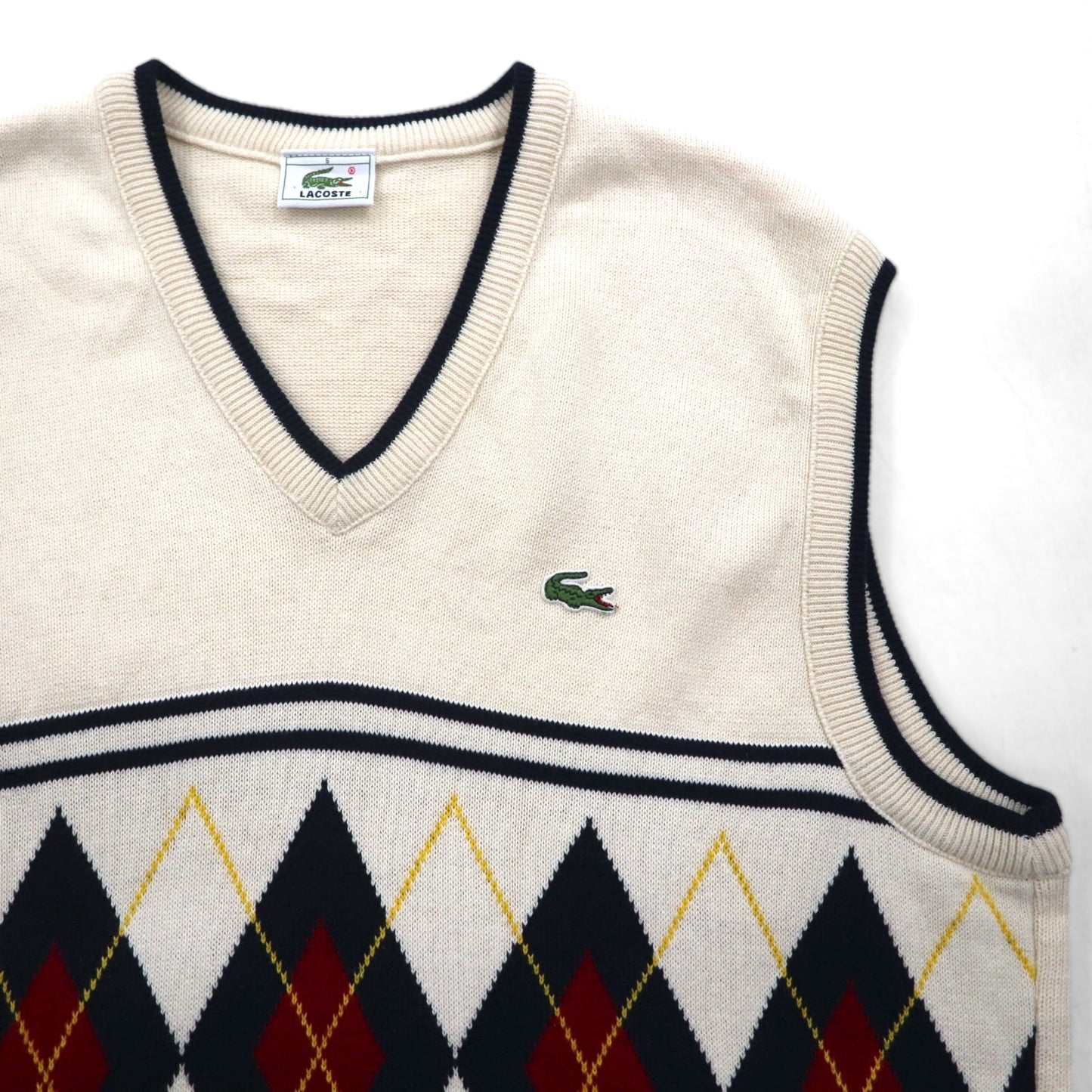 LACOSTE Cardigan Knit Vest, White, Cotton, V-Neck, Argyle Pattern, Size L