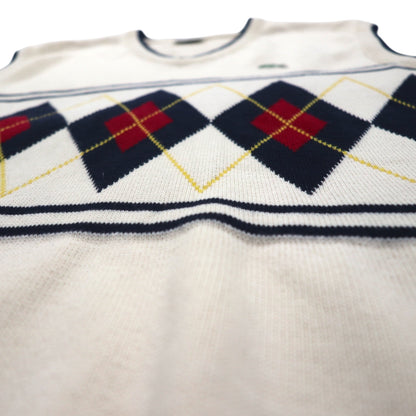 LACOSTE Cardigan Knit Vest, White, Cotton, V-Neck, Argyle Pattern, Size L