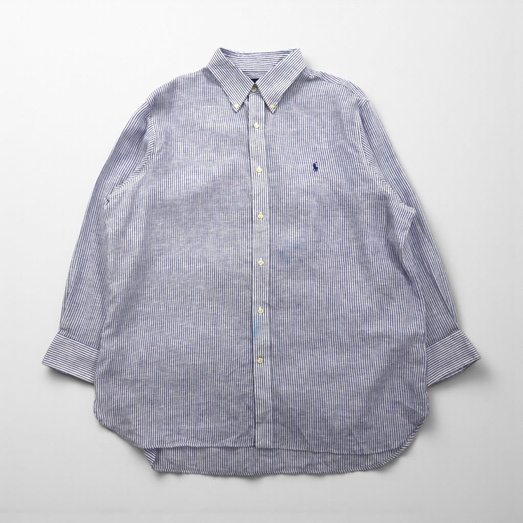 Polo Ralph Lauren ボタンダウン リネン シャツ XL ブルー 麻 ストライプ CLASSIC FIT EASY CARE ビッグサイズ