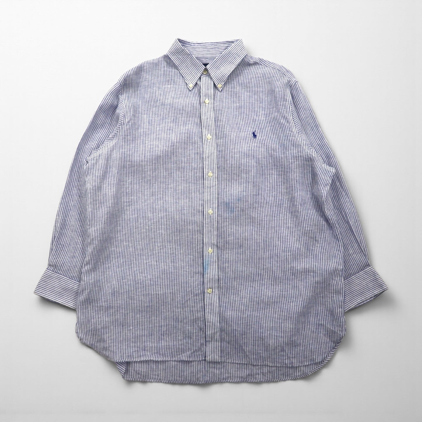 Polo Ralph Lauren ボタンダウン リネン シャツ XL ブルー 麻 ストライプ CLASSIC FIT EASY CARE ビッグサイズ