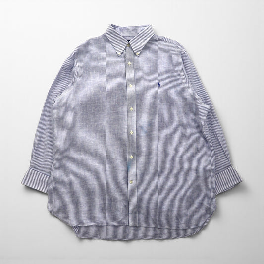 Polo Ralph Lauren ボタンダウン リネン シャツ XL ブルー 麻 ストライプ CLASSIC FIT EASY CARE ビッグサイズ