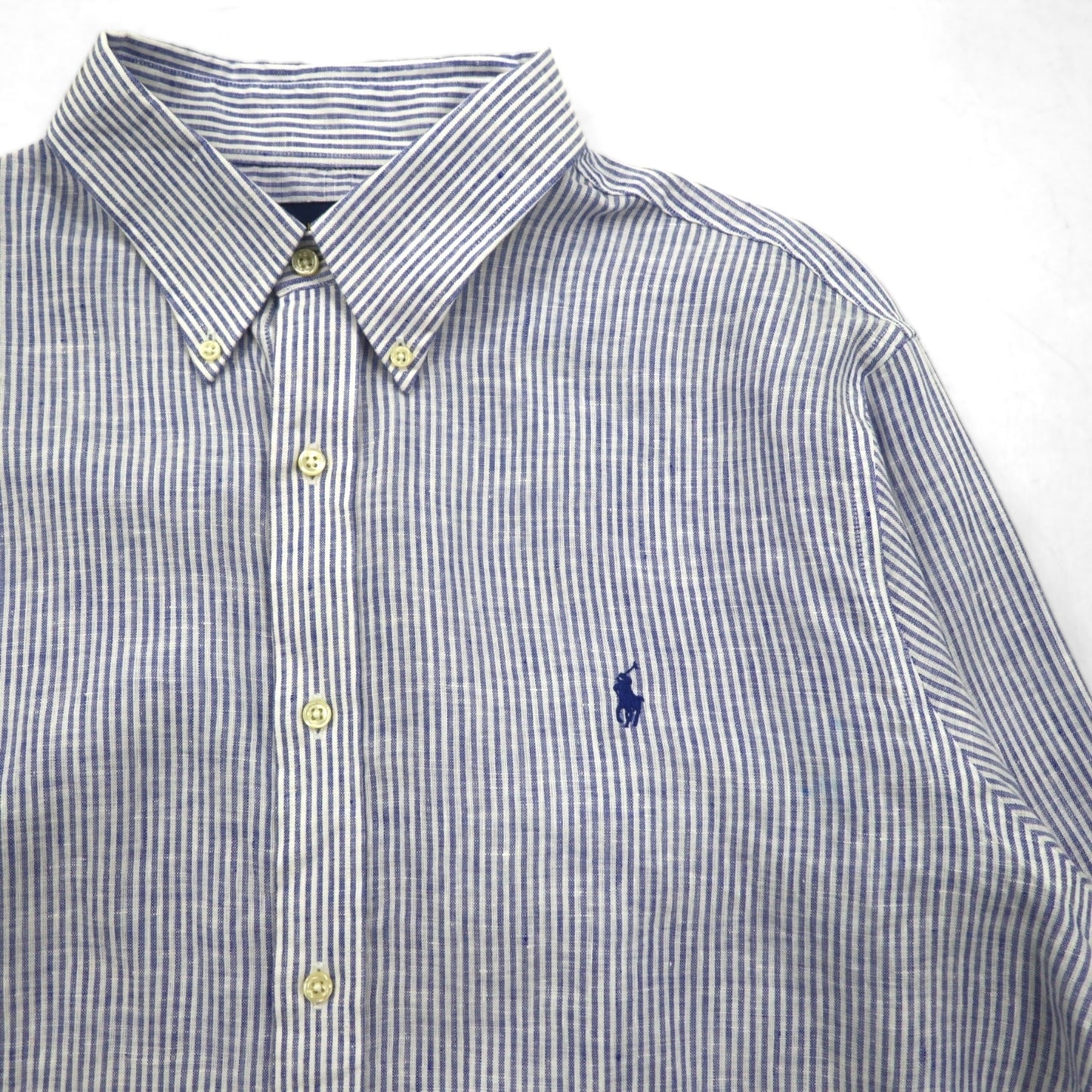 Polo Ralph Lauren ボタンダウン リネン シャツ XL ブルー 麻 ストライプ CLASSIC FIT EASY CARE ビッグサイズ