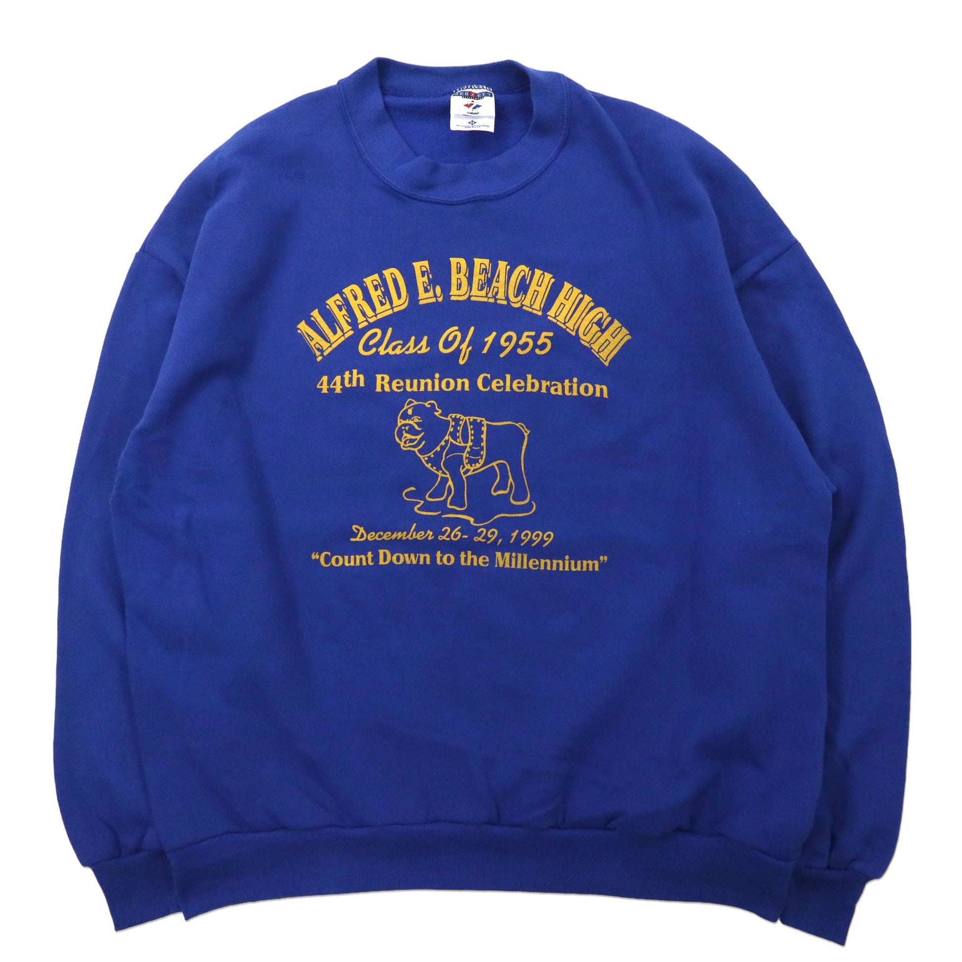 日本然リトテ-古着オンライン-USA製 JERZEES ビッグサイズ カレッジプリント スウェット 2X ブルー コットン 裏起毛 ALFRED E. BEACH HIGH 90年代-USA MADE JERZEES Big College Print Sweatshirt 2x Blue Cotton Brushed Lining Alfred E. Beach High 90s