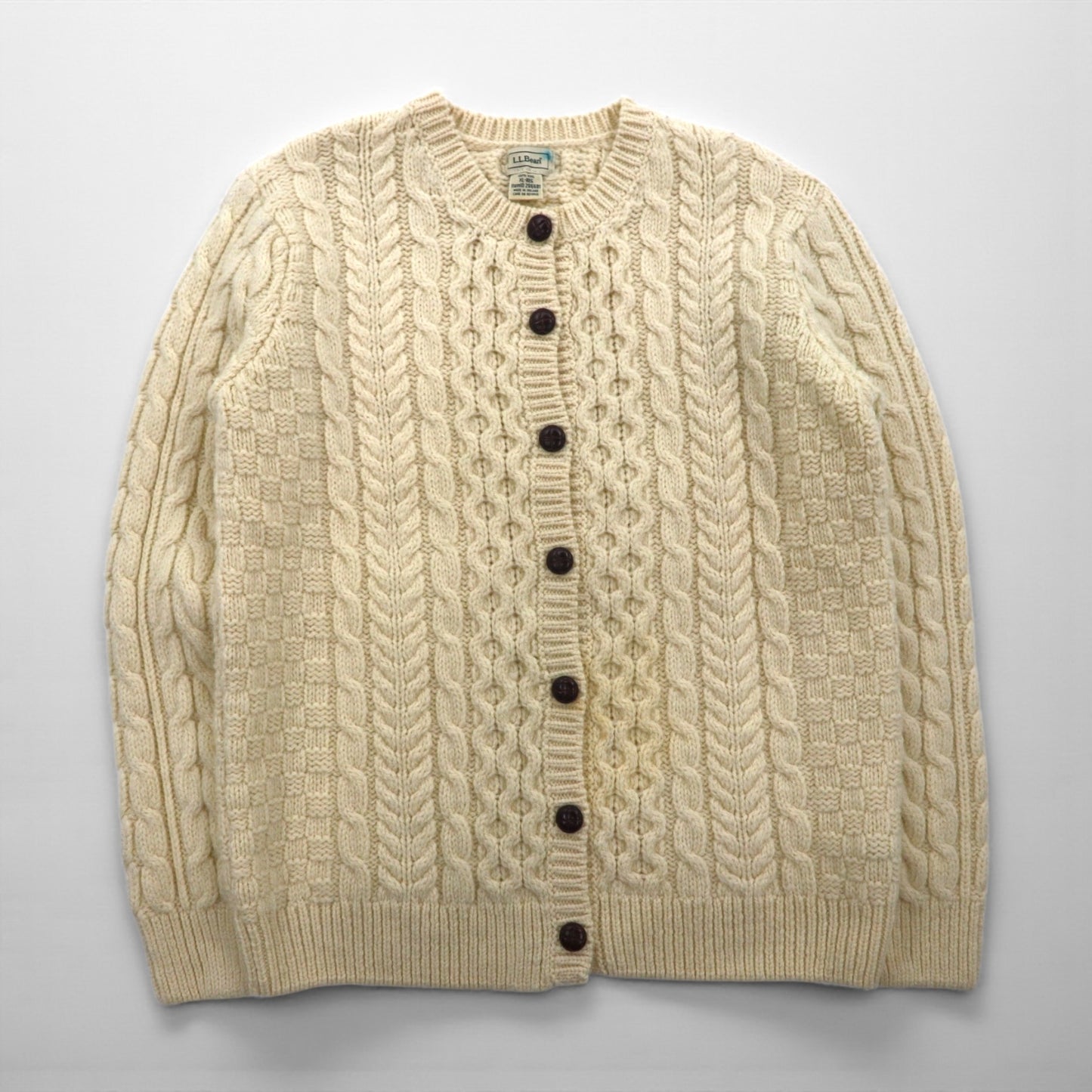 LLBean Fisherman Aran Knit Cardigan, XL, Off-White Wool, 296681, Made in Ireland