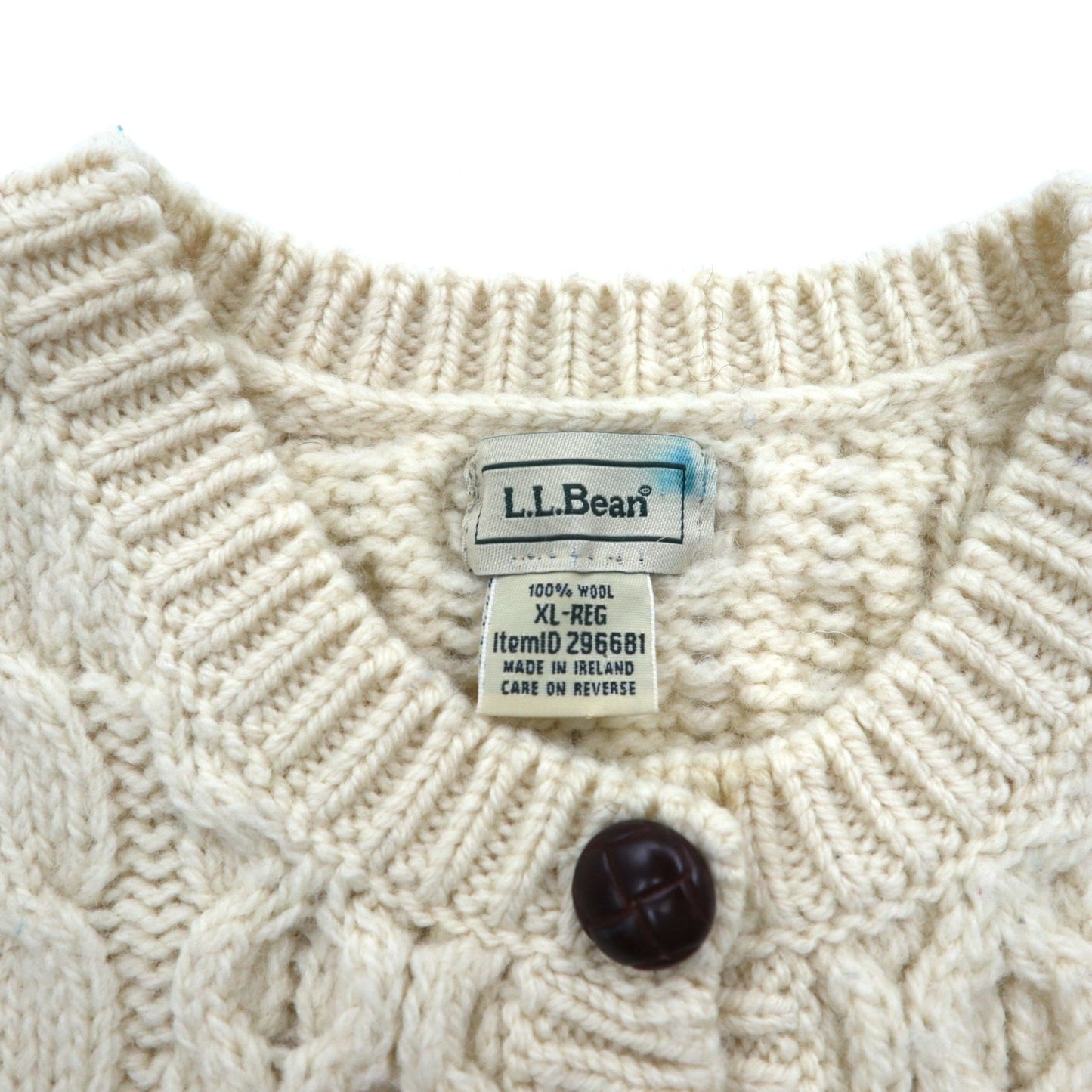 LLBean Fisherman Aran Knit Cardigan, XL, Off-White Wool, 296681, Made in Ireland